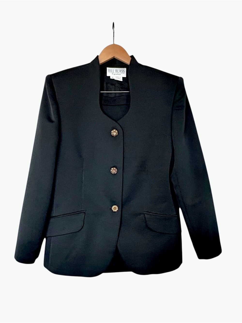 VINTAGE 1980s Bill Blass Women's Suit in Black Ottoman Fabric w/ Antique Buttons